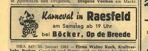 Zeitungsausschnitt bzw. Anzeige: Karneval in Raesfeld 1961